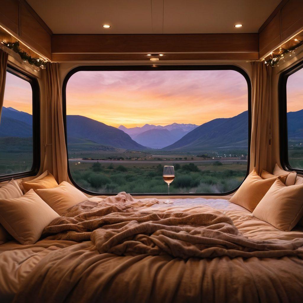A cozy RV interior at sunset, featuring a beautifully arranged bed with luxurious, romantic bedding. Soft fairy lights twinkle overhead, casting a warm glow; a couple enjoying a glass of wine on the edge of the bed, surrounded by plush pillows. Scenic mountain views through a large window enhance the ambiance, evoking romance and adventure on the road. super-realistic. warm tones. soft lighting.