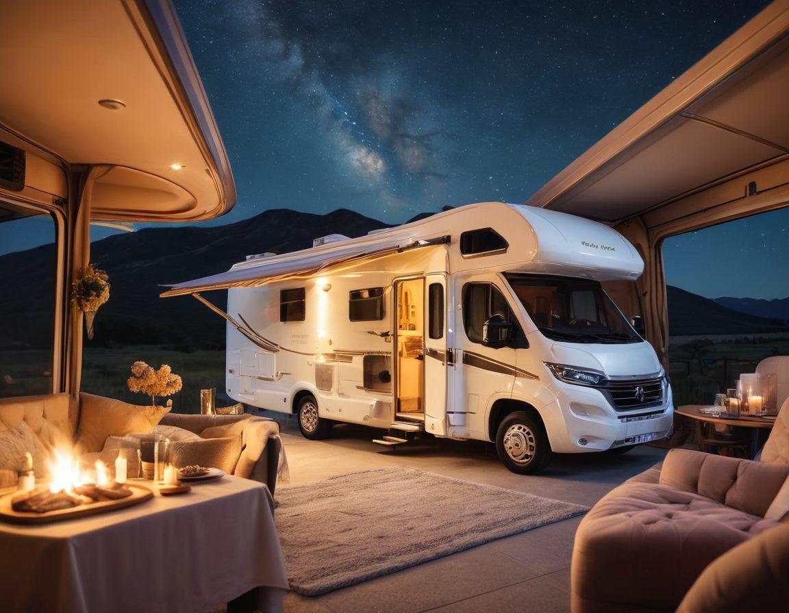 A luxurious motorhome elegantly parked under a starry night sky, with soft golden lights illuminating the cozy interior, plush bedding, and a couple enjoying a romantic dinner outside by a campfire. The scene evokes an atmosphere of relaxation and intimacy, surrounded by nature. pastel colors. soft focus. super-realistic.