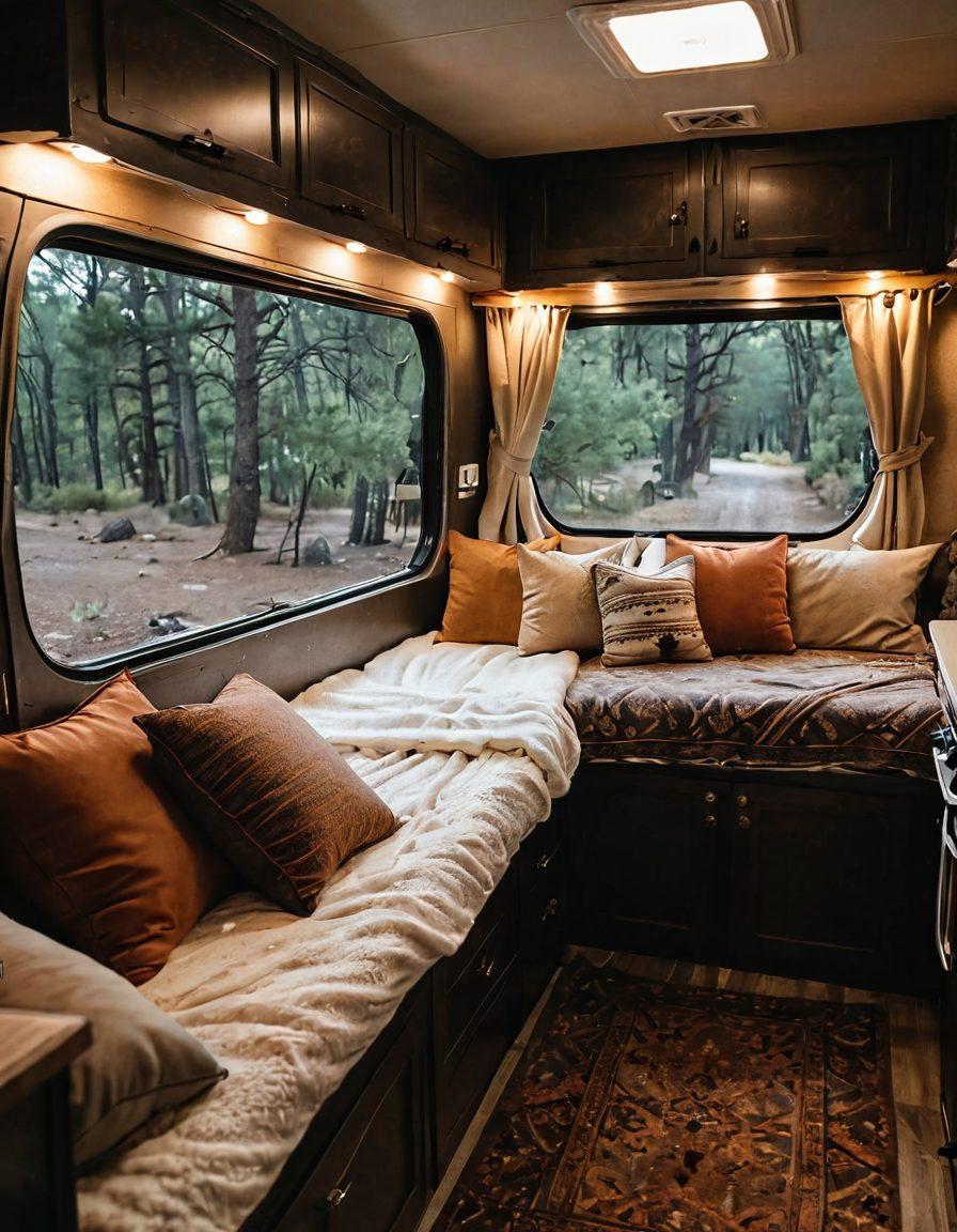 A cozy RV interior featuring a beautifully styled bed with luxurious linens, surrounded by dim, inviting lighting. Add elements of nature visible through large windows, like trees or starry skies, to enhance the intimate adventure theme. Include personal touches like a book, a steaming cup of tea, and soft throw pillows. The overall atmosphere should evoke warmth and comfort. super-realistic. warm colors. cozy ambiance.